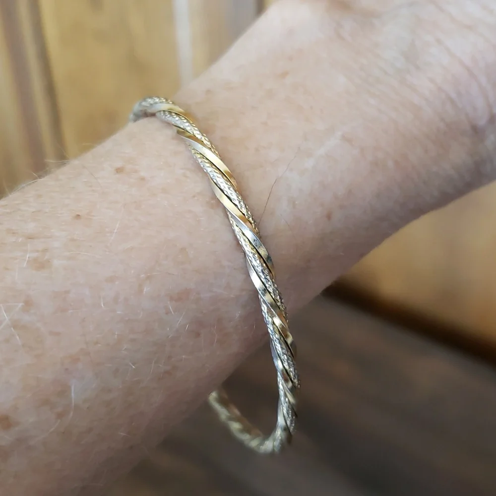 Elegant Entwined Gold and Silver Twisted Two Tone Bangle Bracelet
